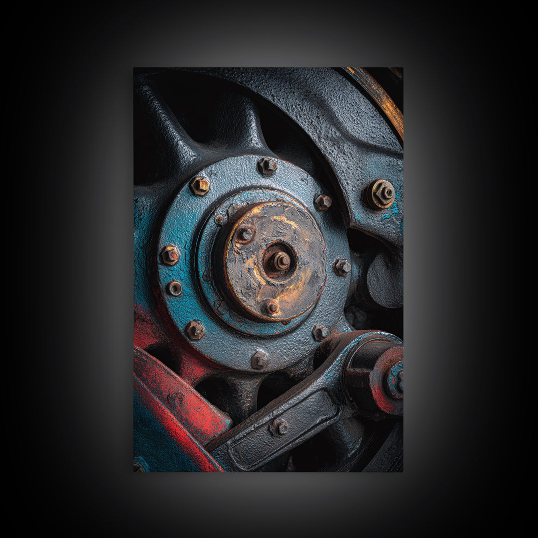 Steam Locomotive Wheel Closeup Canvas Print, Industrial Art, Black and White Wall Art, Living Room Decor, Abstract Art, Foundry, IND-2x3-62