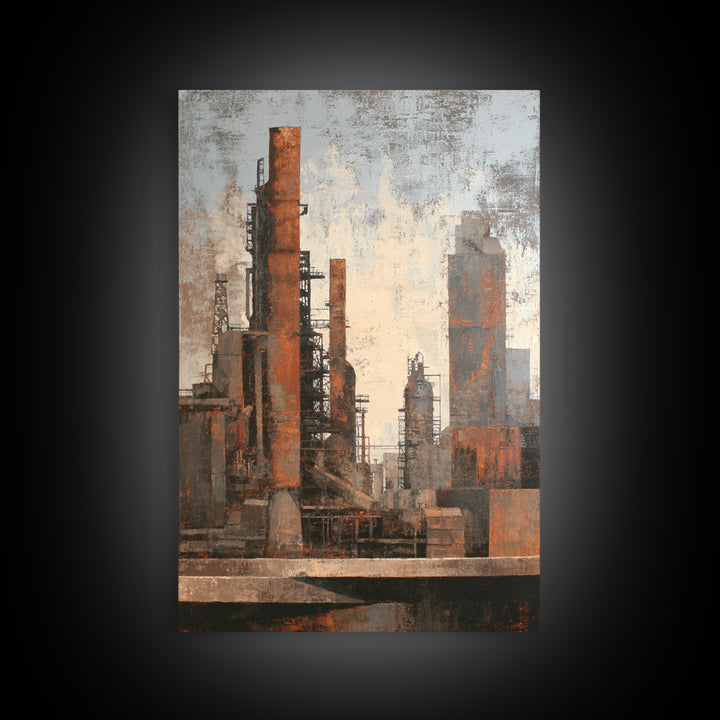 Industrial City Skyline Framed Canvas Print, Industrial Art, Contemporary Art, Living Room Decor, Fine Art, Foundry, IND-2x3-68