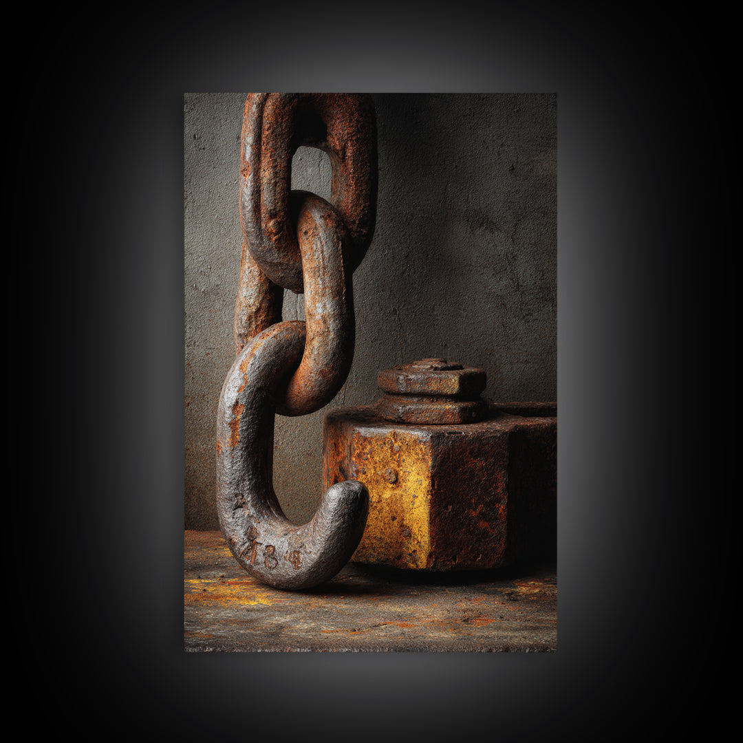 Chain and Hook Still Life Canvas Print, Industrial Art, Abstract Wall Art, Living Room Decor, Oil Painting, Foundry, IND-2x3-72