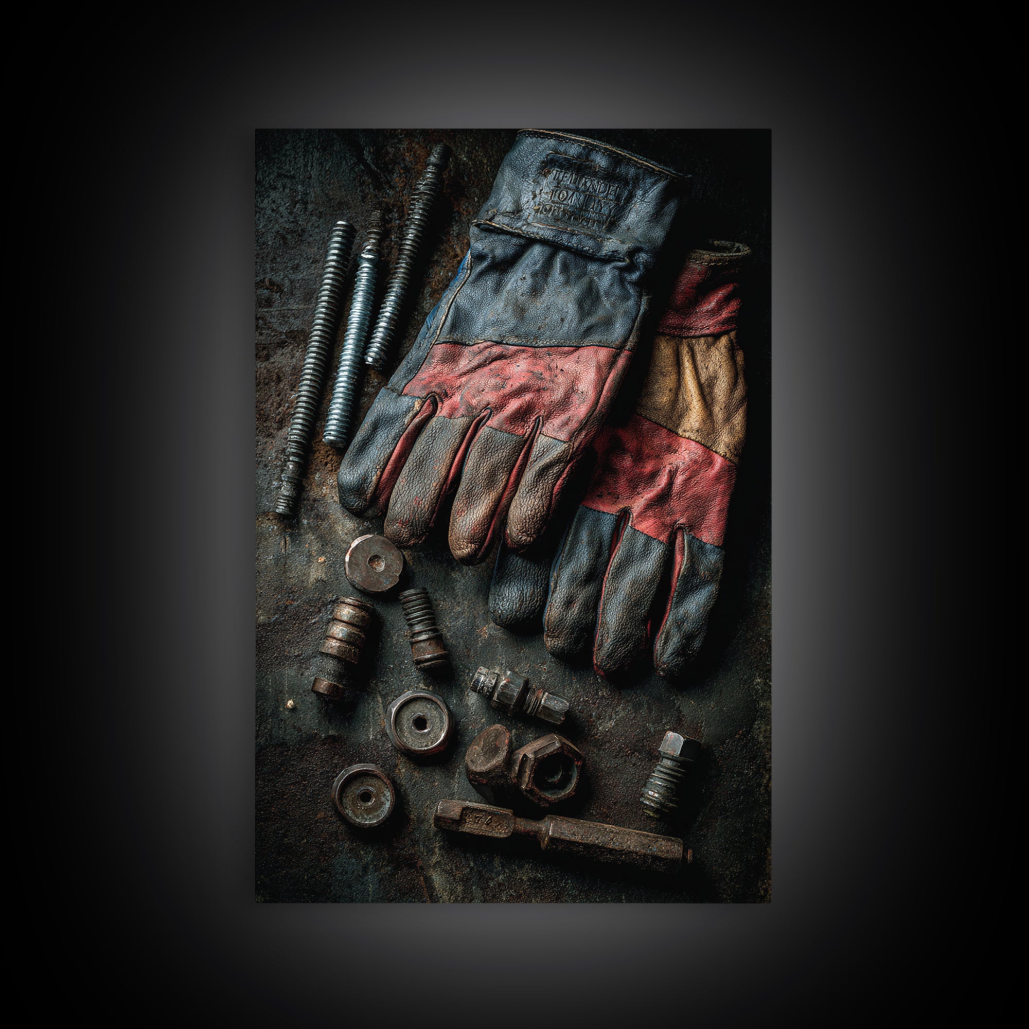 Worn Work Gloves and Bolts Arrangement Canvas Print, Industrial Art, Textured Wall Art, Living Room Decor, Foundry, IND-2x3-74
