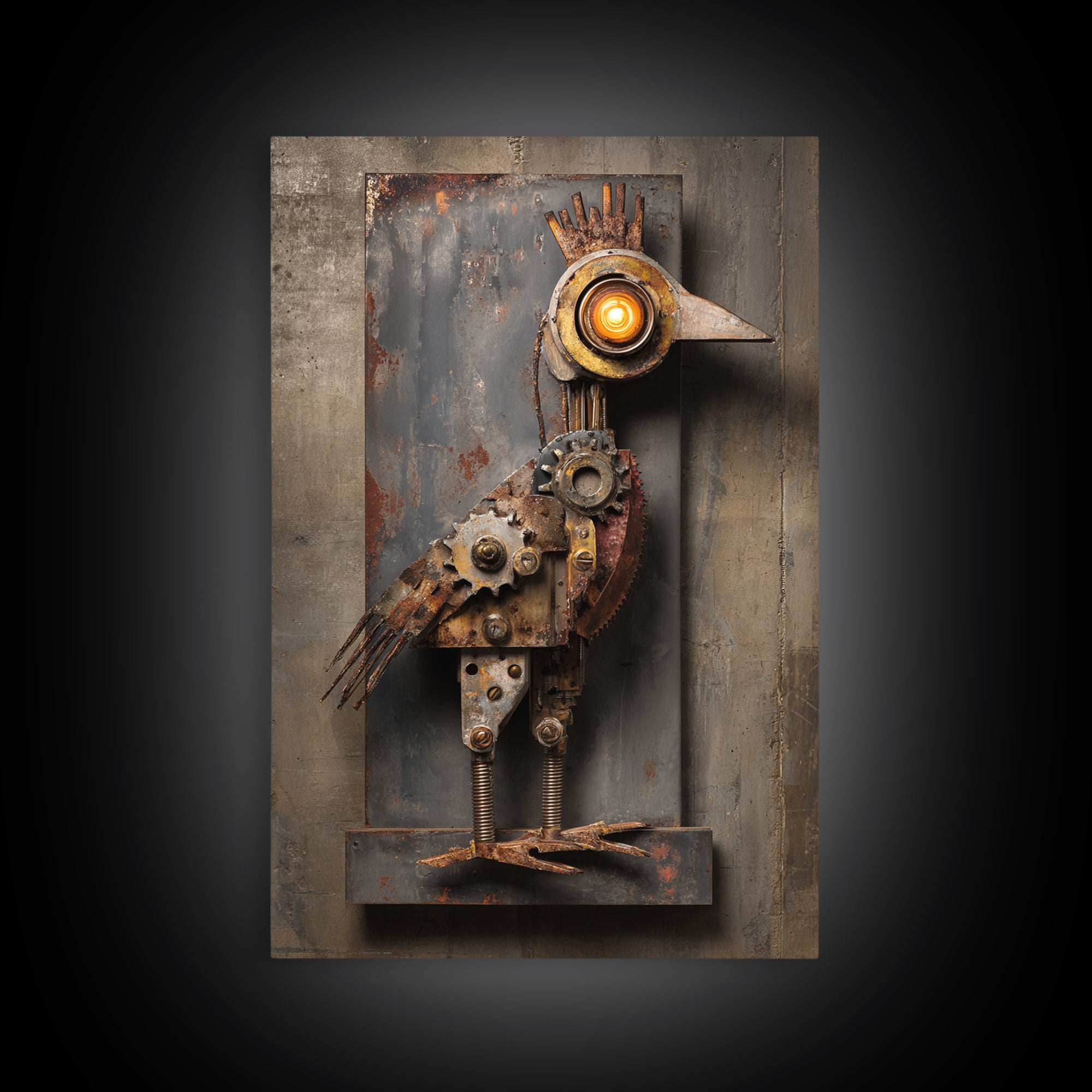 Mechanical Bird Made from Gears Framed Canvas Print, Industrial Art, Texas Art, Living Room Decor, Fine Art, Foundry, IND-2x3-75