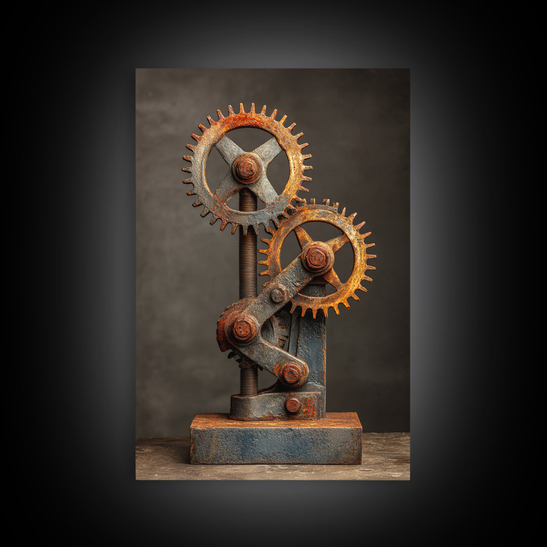 Rusted Gears Arranged as Sculptural Still Life Canvas Print, Industrial Art, Black and White Art, Living Room Decor, Foundry, IND-2x3-81