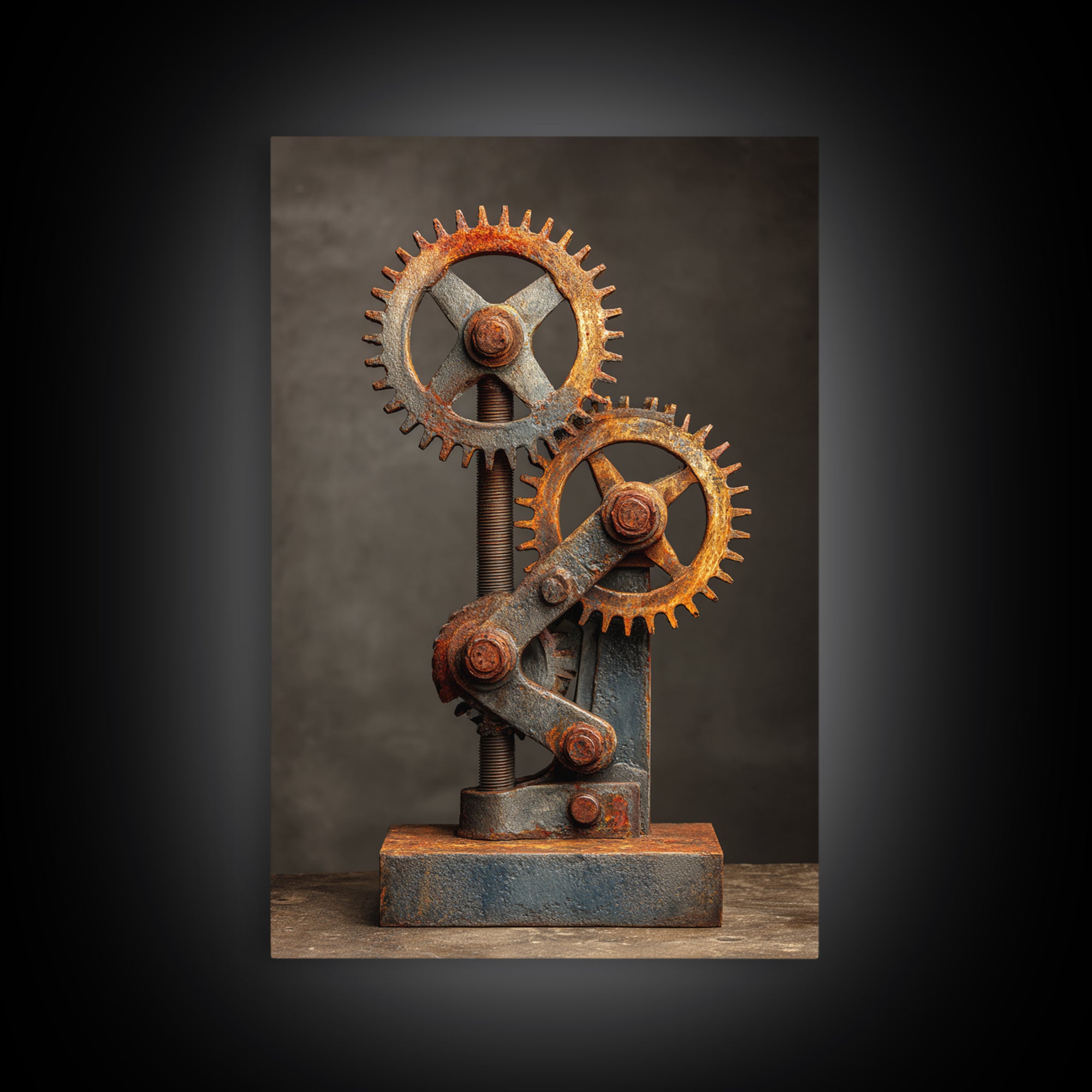 Rusted Gears Arranged as Sculptural Still Life Canvas Print, Industrial Art, Black and White Art, Living Room Decor, Foundry, IND-2x3-81