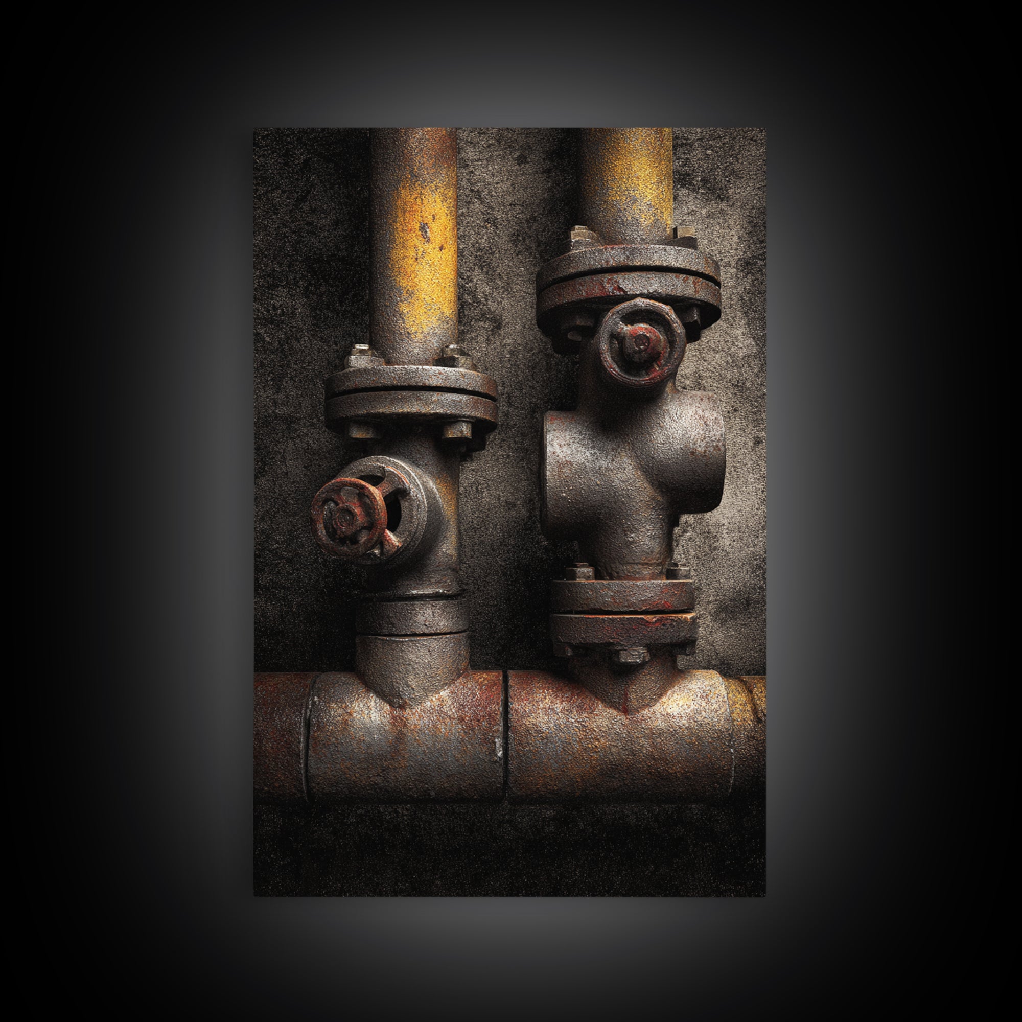 Metal Pipes and Valves as Graphic Composition Framed Canvas Print, Industrial Art, Bauhaus Poster, Living Room Decor, Foundry, IND-2x3-88