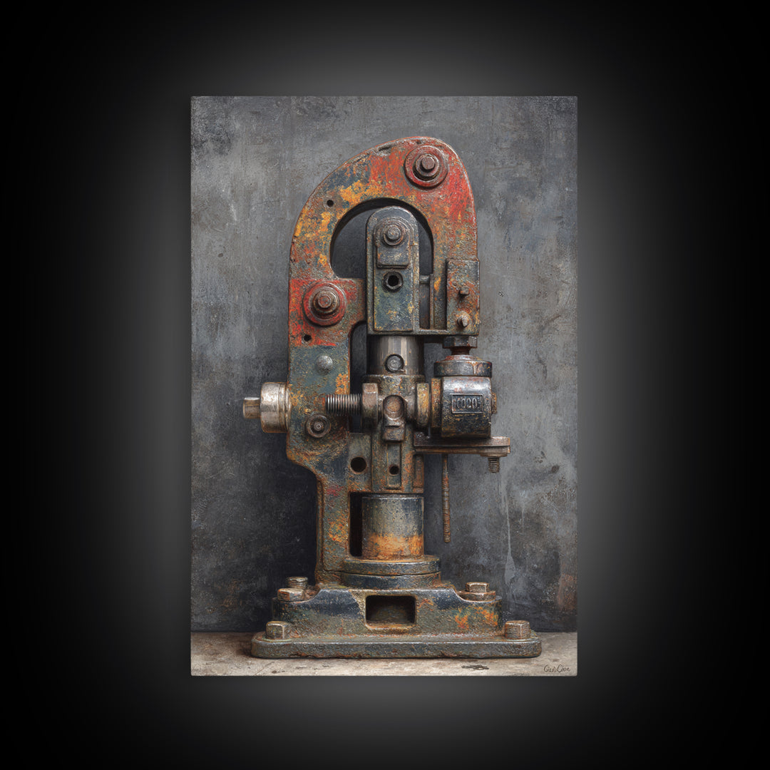 Brass Gauge and Machinery Still Life Framed Canvas Print, Industrial Art, Bauhaus Poster, Living Room Decor, Fine Art, Foundry, IND-2x3-93