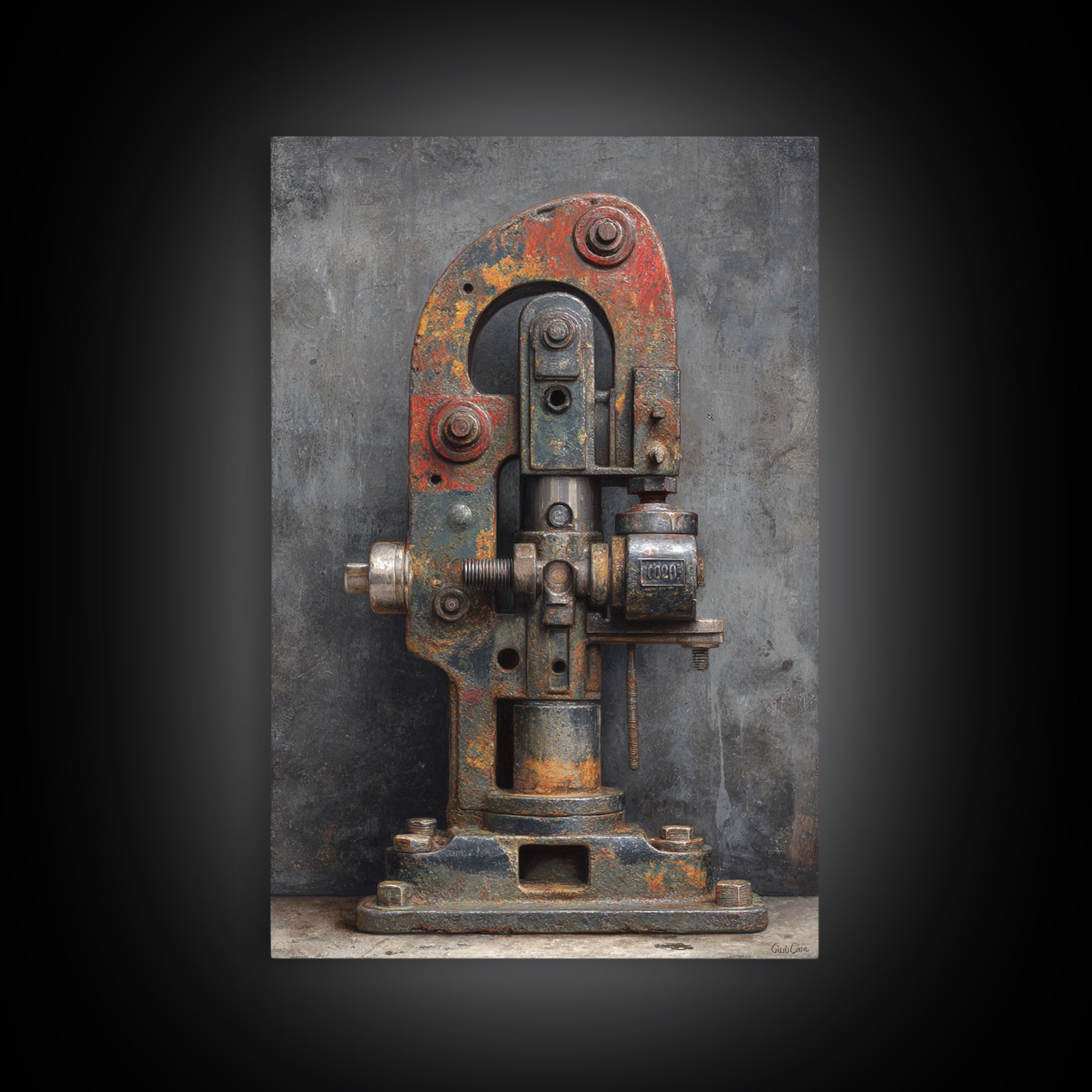 Brass Gauge and Machinery Still Life Framed Canvas Print, Industrial Art, Bauhaus Poster, Living Room Decor, Fine Art, Foundry, IND-2x3-93