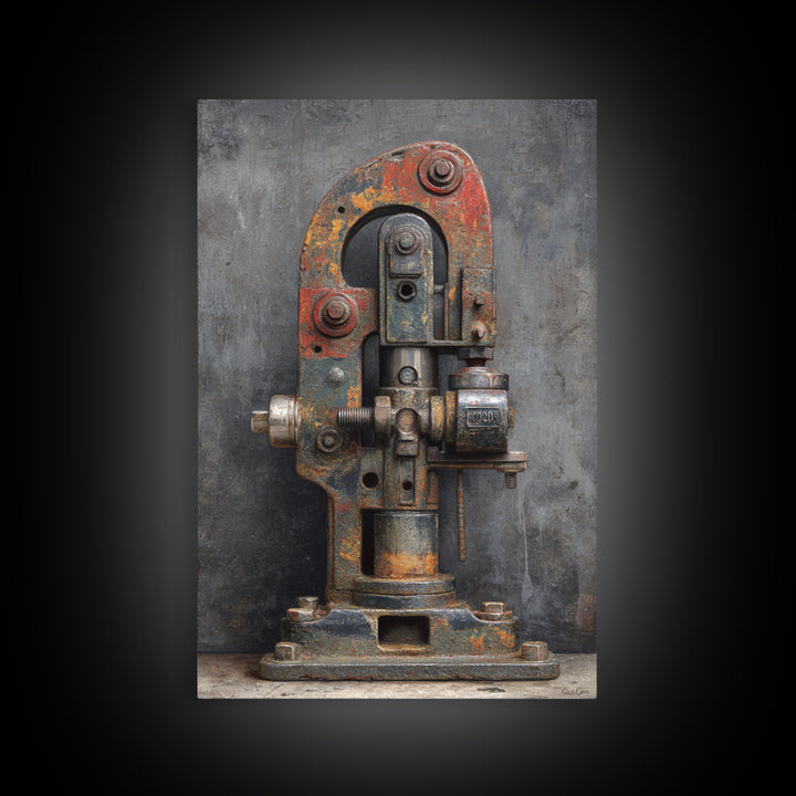 Brass Gauge and Machinery Still Life Framed Canvas Print, Industrial Art, Bauhaus Poster, Living Room Decor, Fine Art, Foundry, IND-2x3-93