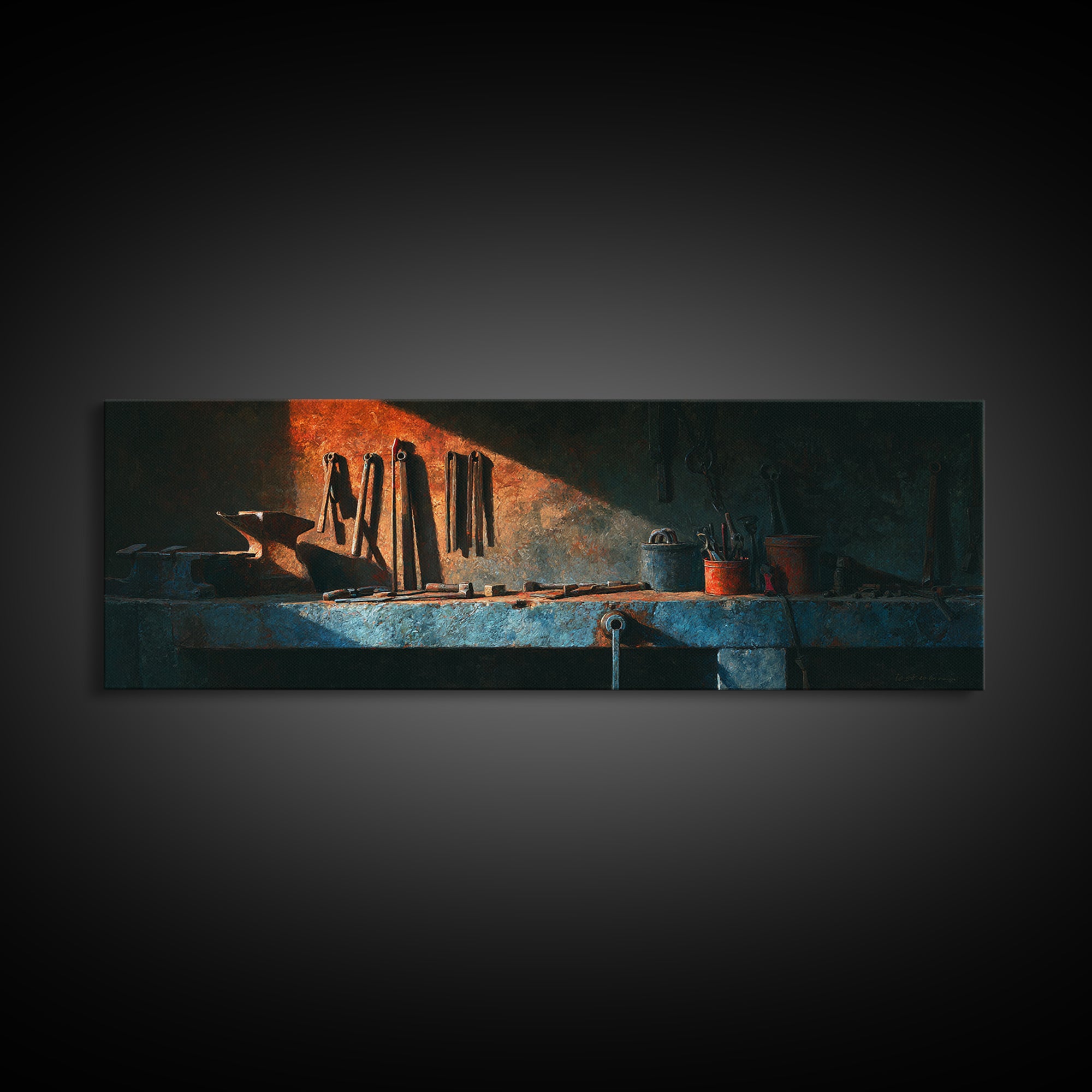Blacksmith Tools on Dark Workbench Framed Canvas Print, Industrial Art, Textured Wall Art, Living Room Decor, Fine Art, Foundry, IND-3x1-2