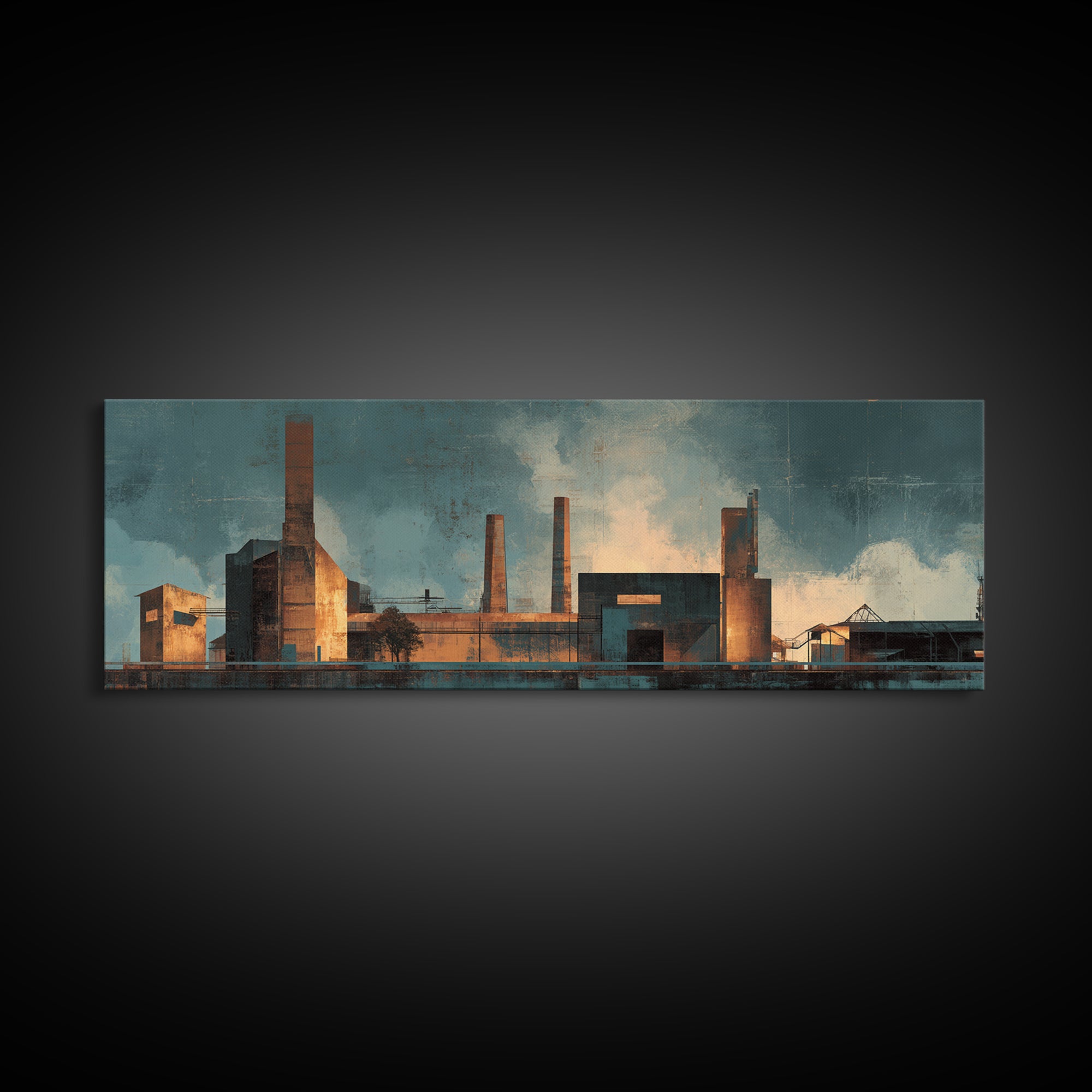 Factory Smokestacks with Moody Sky Framed Canvas Print, Industrial Art, Wall Hanging, Living Room Decor, Fine Art, Foundry, IND-3x1-51