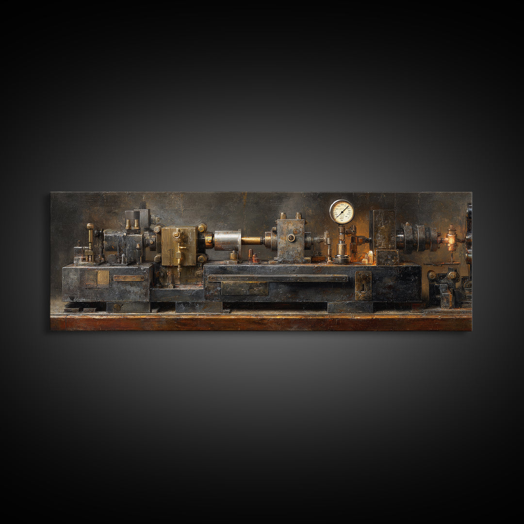 Brass Gauge and Machinery Still Life Framed Canvas Print, Industrial Art, Fine Art Print, Living Room Decor, Fine Art, Foundry, IND-3x1-53