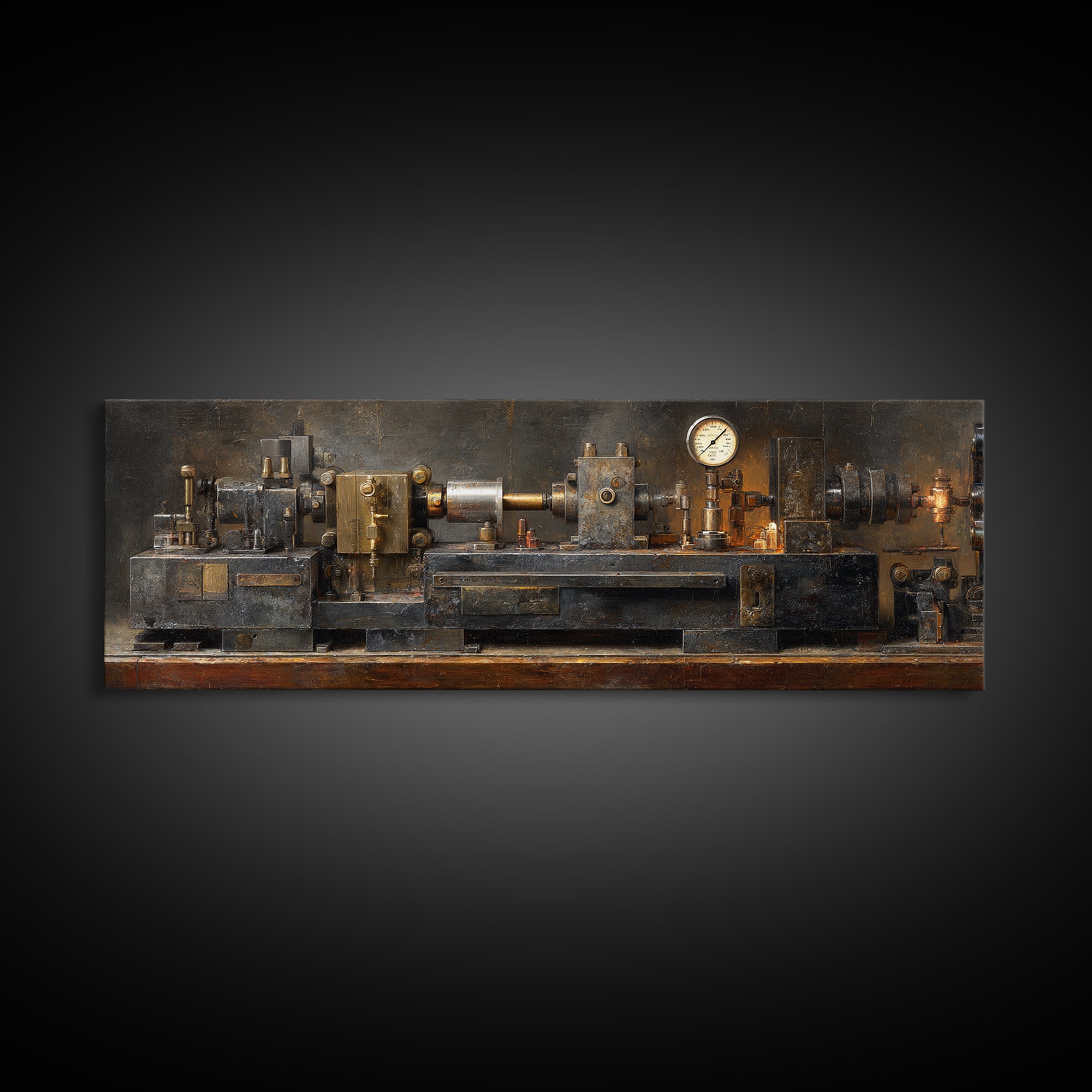 Brass Gauge and Machinery Still Life Framed Canvas Print, Industrial Art, Fine Art Print, Living Room Decor, Fine Art, Foundry, IND-3x1-53