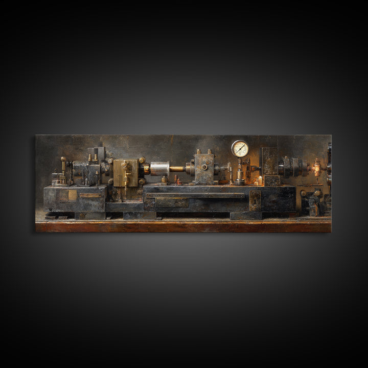 Brass Gauge and Machinery Still Life Framed Canvas Print, Industrial Art, Fine Art Print, Living Room Decor, Fine Art, Foundry, IND-3x1-53