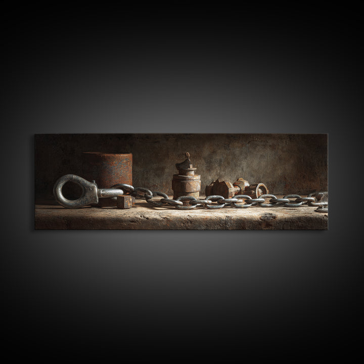 Chain and Hook Still Life Framed Canvas Print, Industrial Art, Wall Art, Living Room Decor, Fine Art, Foundry, Original Art, IND-3x1-56