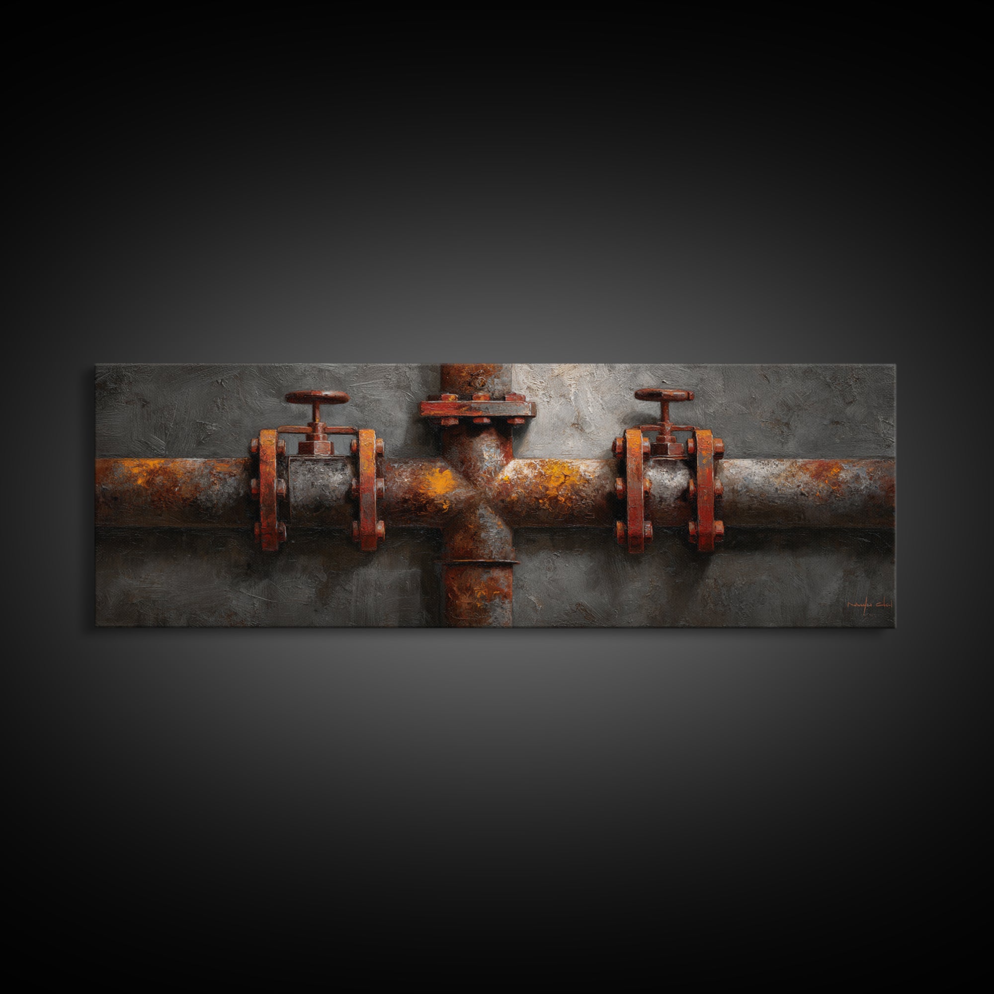 Metal Pipes and Valves as Graphic Composition Framed Canvas Print, Industrial Art, Wall Decor, Living Room Decor, Foundry, IND-3x1-72