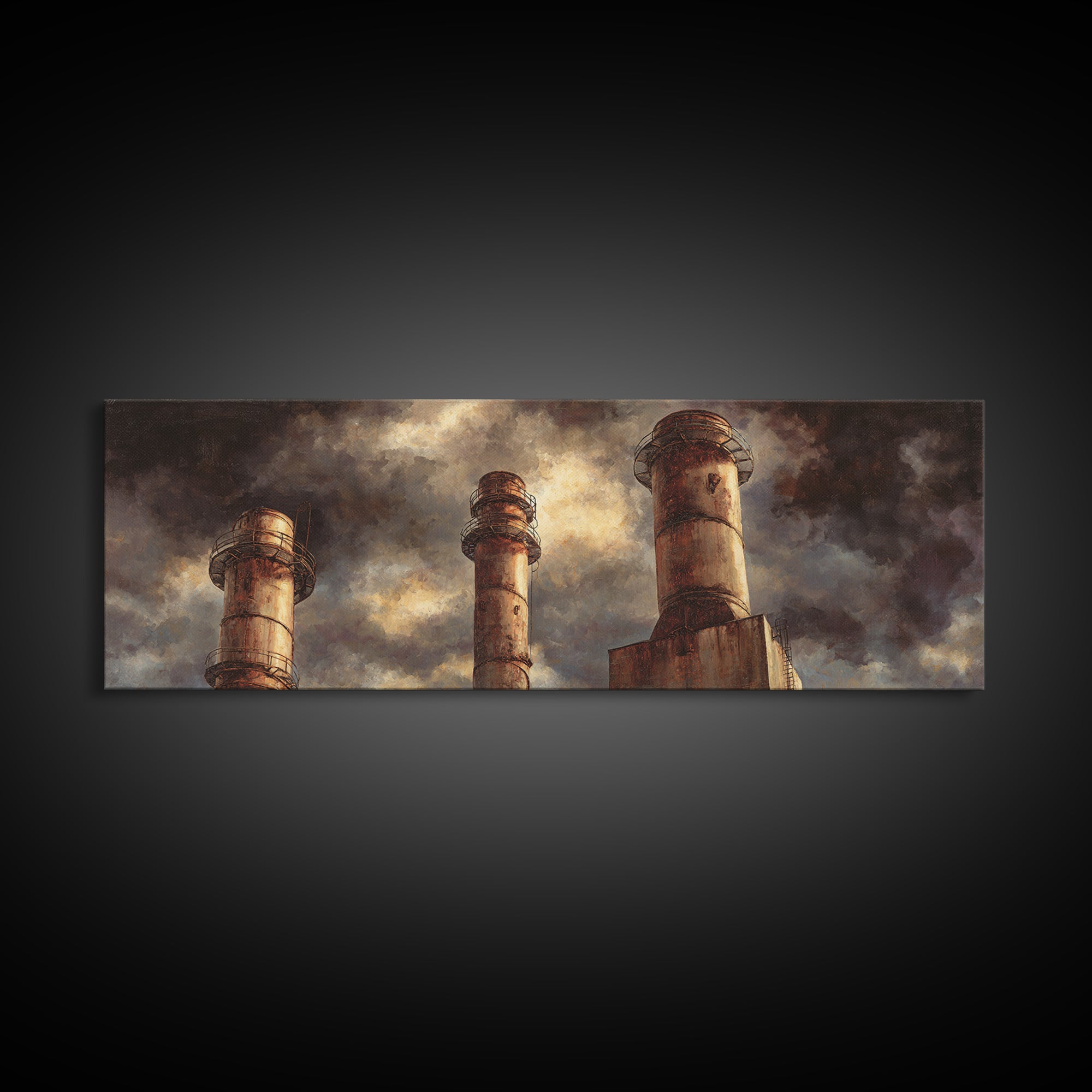 Factory Smokestacks with Moody Sky Canvas Print, Industrial Art, Black and White Wall Art, Living Room Decor, Fine Art, Foundry, IND-3x1-75