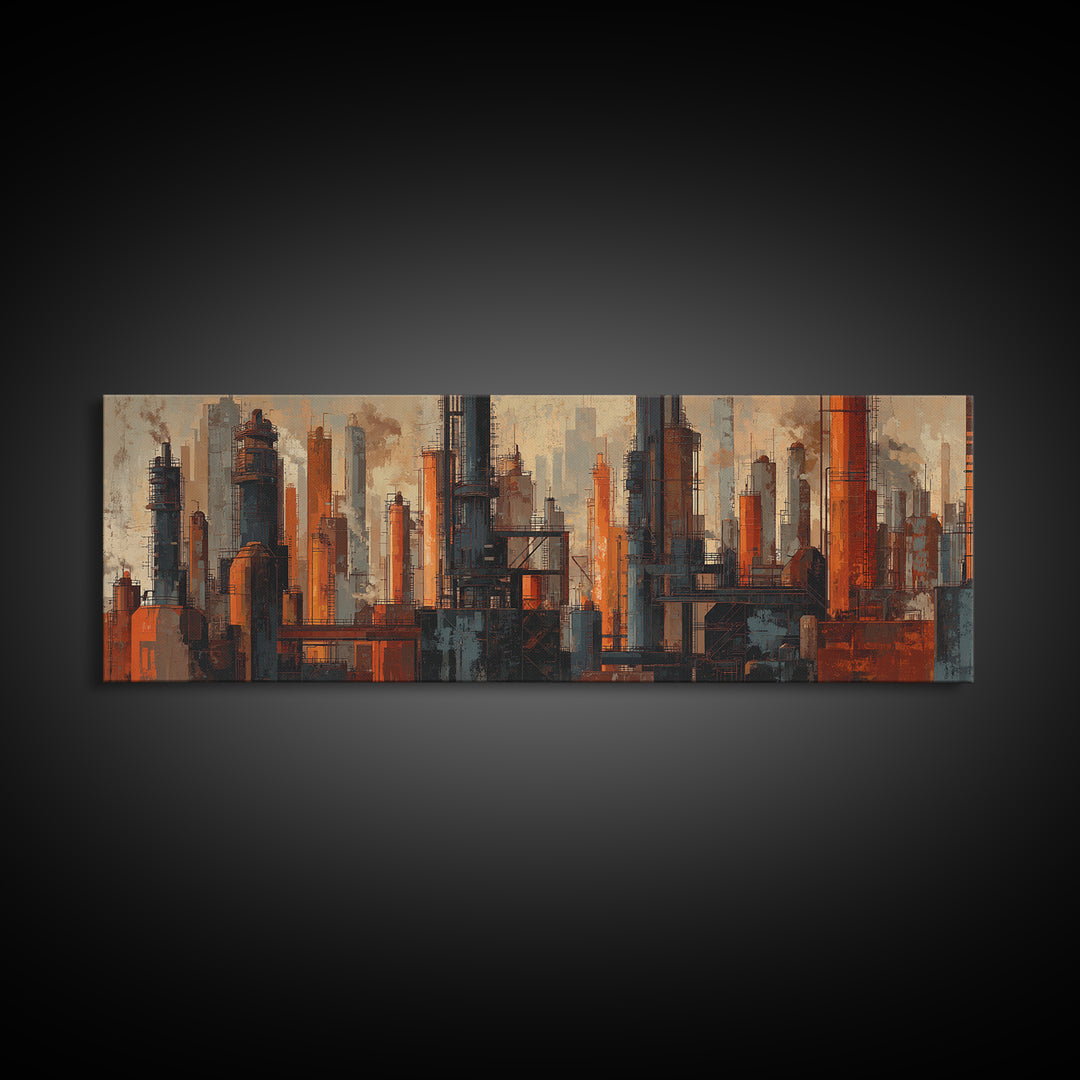Industrial City Skyline Canvas Print, Industrial Art, Decor, Living Room Decor, Fine Art, Foundry, Black and White Wall Art, IND-3x1-76