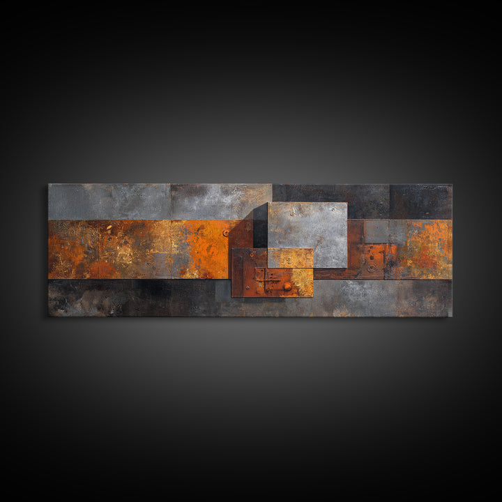 Rust Orange and Charcoal Geometric Abstraction Canvas Print, Industrial Art, Abstract Art, Living Room Decor, Fine Art, Foundry, IND-3x1-78