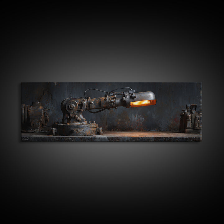Industrial Lamp with Warm Glow Framed Canvas Print, Industrial Art, Textured Wall Art, Living Room Decor, Fine Art, Foundry, IND-3x1-87
