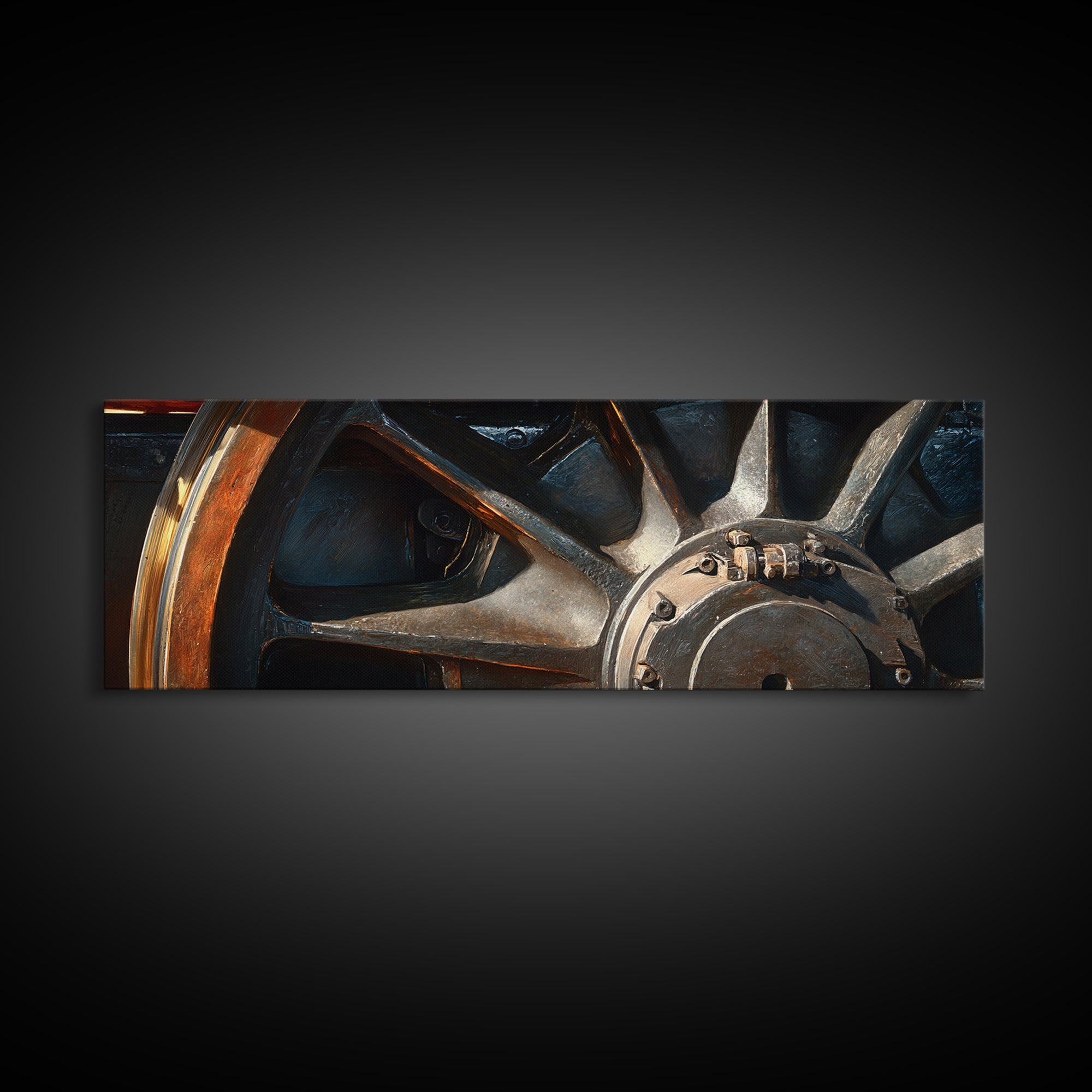 Steam Locomotive Wheel Closeup Canvas Print, Industrial Art, Black and White Art, Living Room Decor, Watercolor Art, Foundry, IND-3x1-94