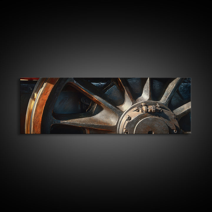 Steam Locomotive Wheel Closeup Canvas Print, Industrial Art, Black and White Art, Living Room Decor, Watercolor Art, Foundry, IND-3x1-94