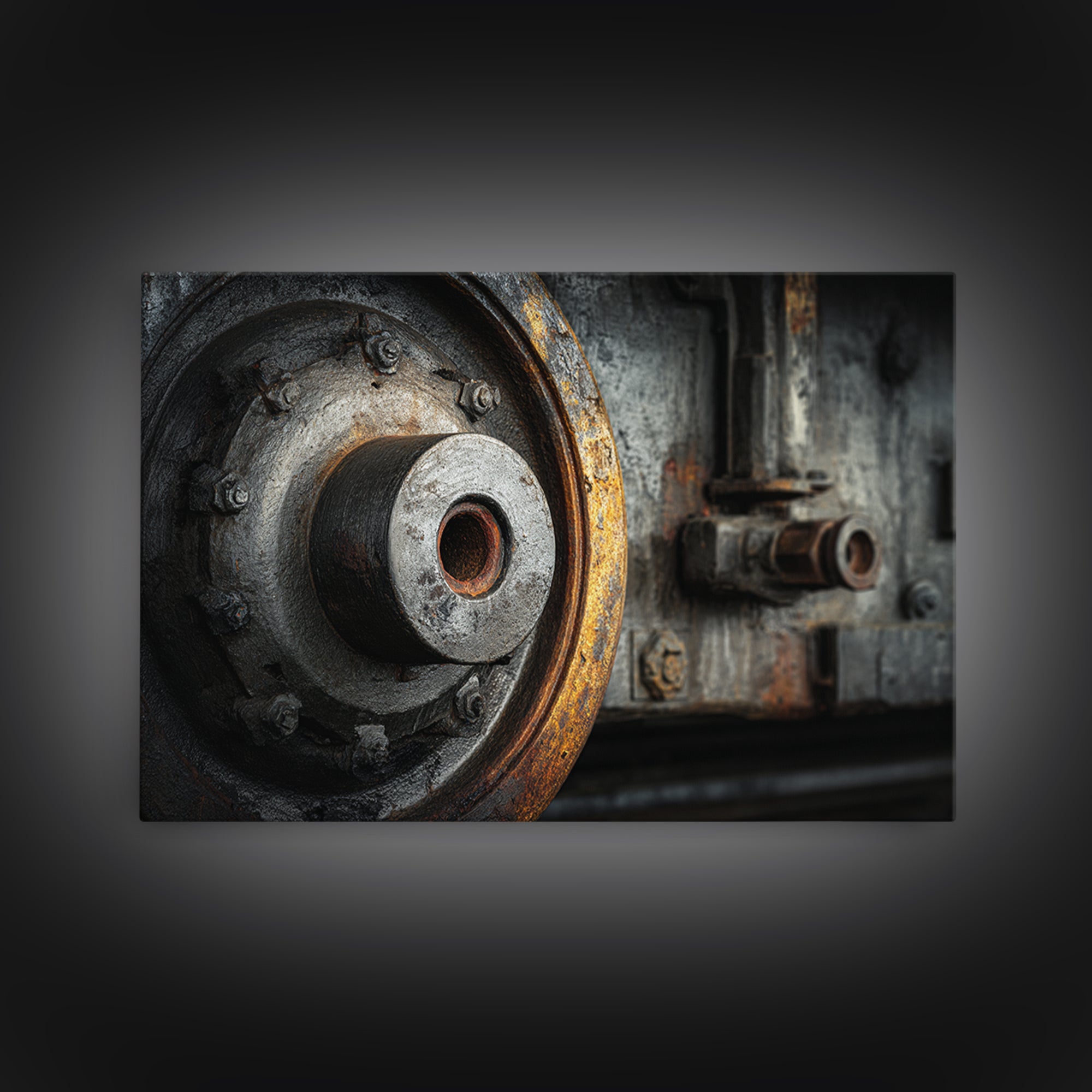 Steam Locomotive Wheel Closeup Framed Canvas Print, Industrial Art, Living Room Art, Living Room Decor, Fine Art, Foundry, IND-3x2-10