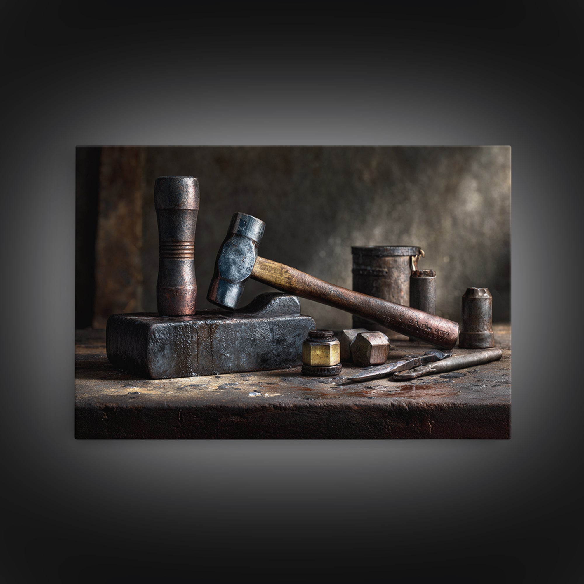 Blacksmith Tools on Dark Workbench Framed Canvas Print, Industrial Art, Metal Art, Living Room Decor, Fine Art, Foundry, IND-3x2-14