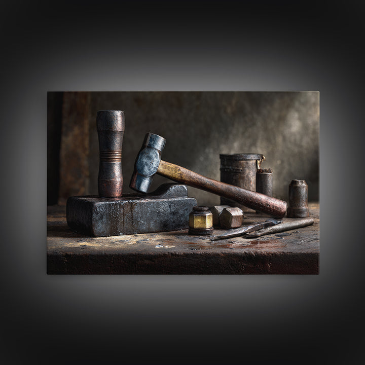 Blacksmith Tools on Dark Workbench Framed Canvas Print, Industrial Art, Metal Art, Living Room Decor, Fine Art, Foundry, IND-3x2-14
