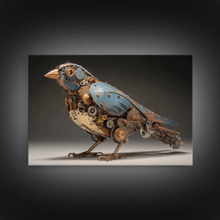 Mechanical Bird Made from Gears Framed Canvas Print, Industrial Art, Luxury Decor, Living Room Decor, Fine Art, Foundry, IND-3x2-23
