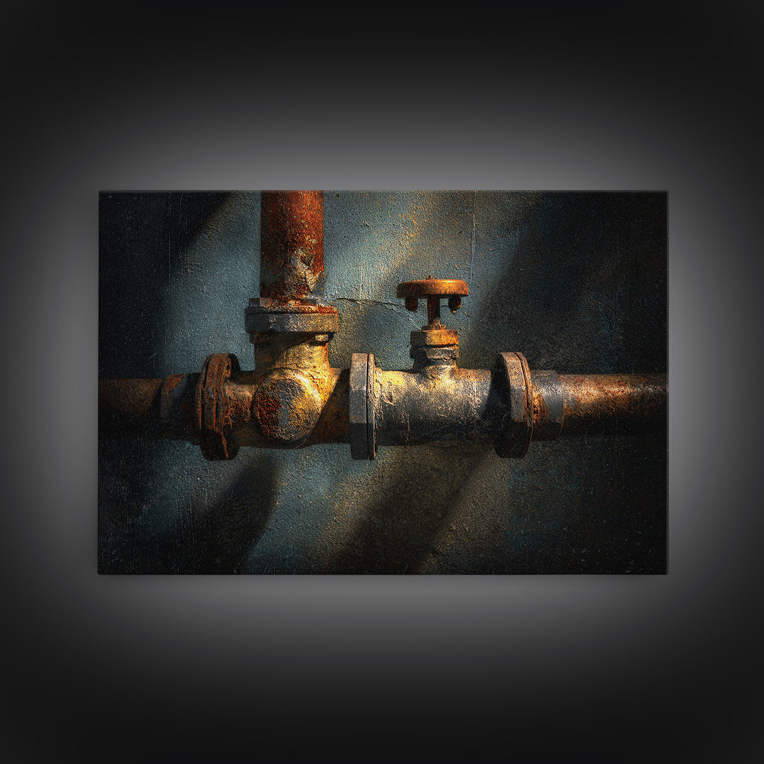 Metal Pipes and Valves as Graphic Composition Framed Canvas Print, Industrial Art, Luxury Decor, Living Room Decor, Foundry, IND-3x2-36
