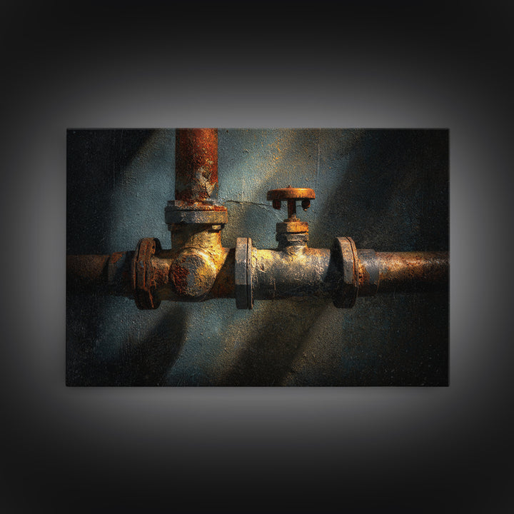 Metal Pipes and Valves as Graphic Composition Framed Canvas Print, Industrial Art, Luxury Decor, Living Room Decor, Foundry, IND-3x2-36