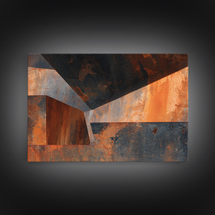 Rust Orange and Charcoal Geometric Abstraction Canvas Print, Industrial Art, Steampunk Decor, Living Room Decor, Abstract Art, IND-3x2-42