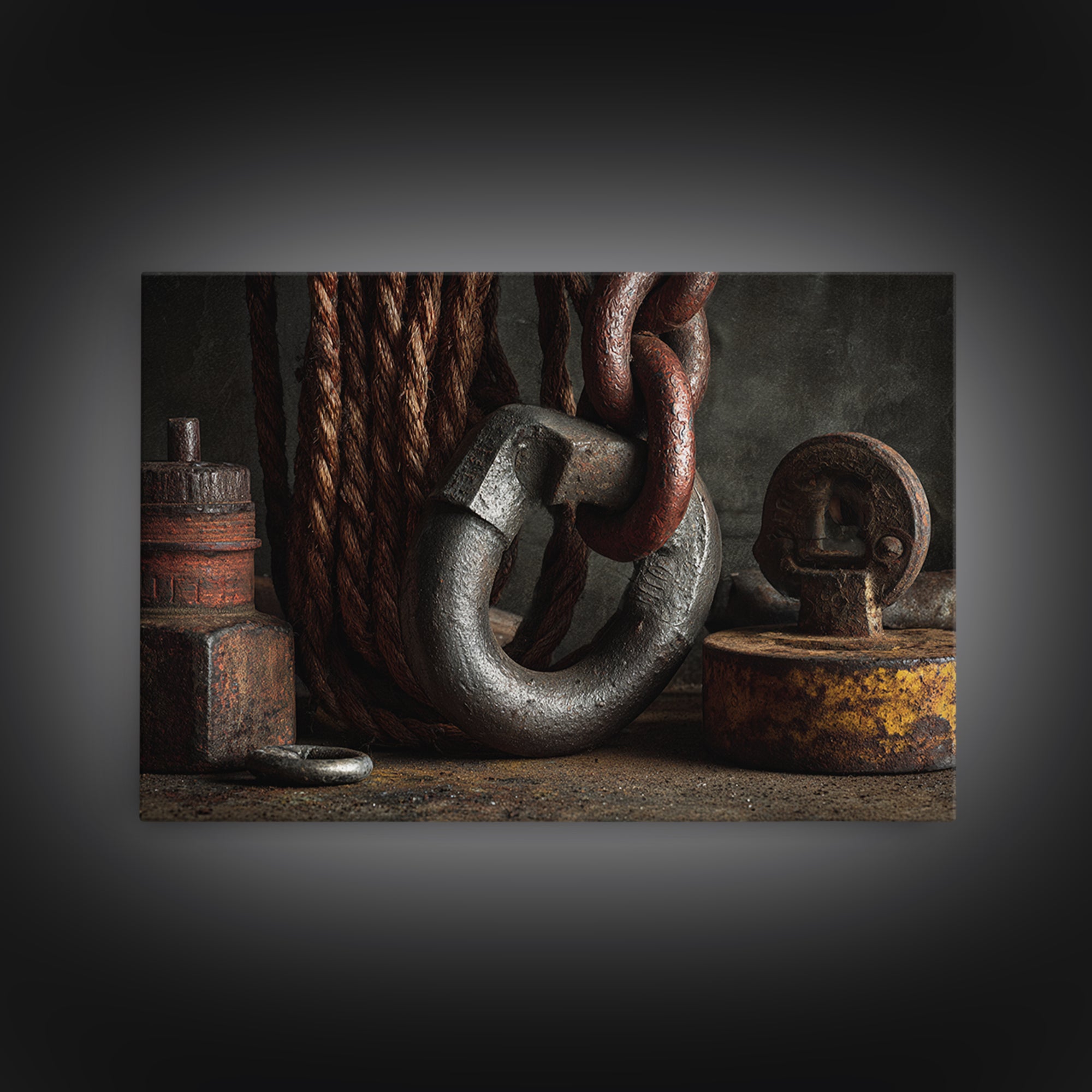 Chain and Hook Still Life Canvas Print, Industrial Art, Textured Painting, Living Room Decor, Watercolor Art, Foundry, IND-3x2-44