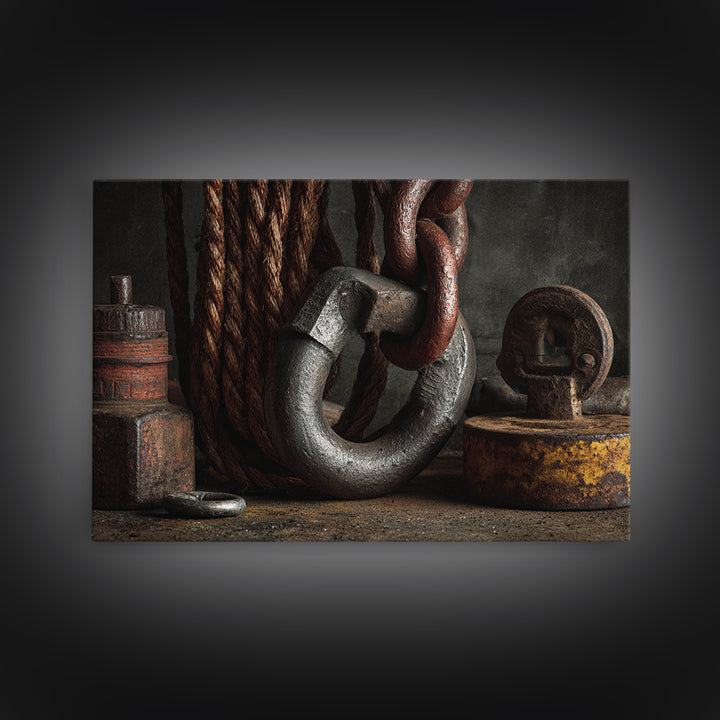 Chain and Hook Still Life Canvas Print, Industrial Art, Textured Painting, Living Room Decor, Watercolor Art, Foundry, IND-3x2-44