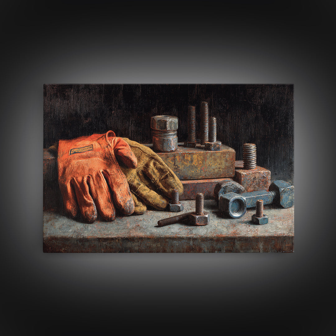 Worn Work Gloves and Bolts Arrangement Framed Canvas Print, Industrial Art, Bauhaus Poster, Living Room Decor, Foundry, IND-3x2-46