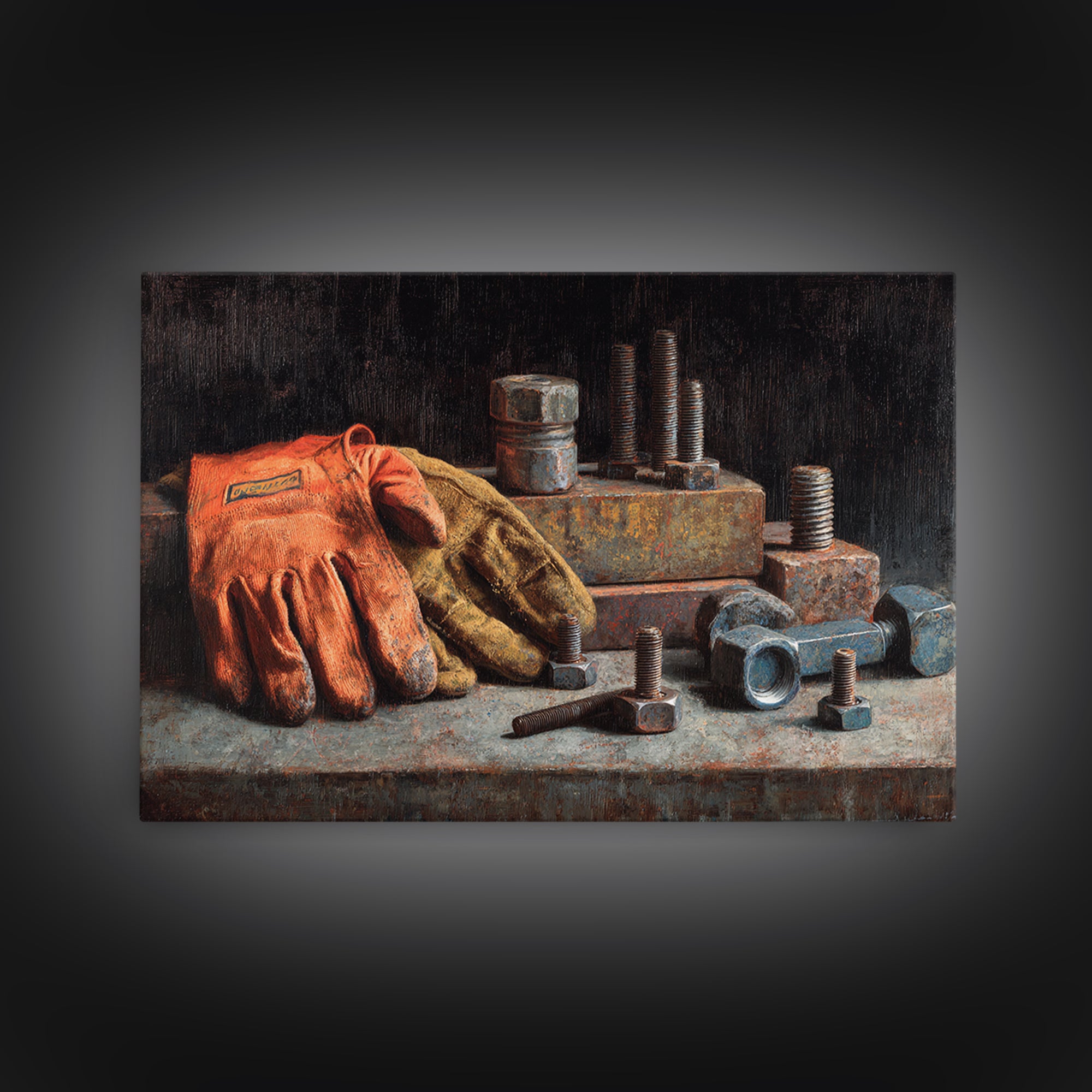 Worn Work Gloves and Bolts Arrangement Framed Canvas Print, Industrial Art, Bauhaus Poster, Living Room Decor, Foundry, IND-3x2-46