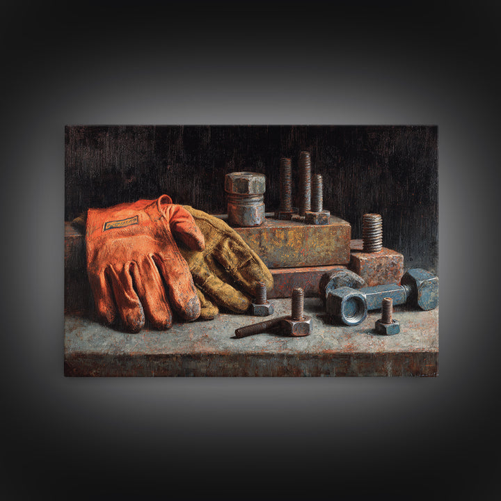 Worn Work Gloves and Bolts Arrangement Framed Canvas Print, Industrial Art, Bauhaus Poster, Living Room Decor, Foundry, IND-3x2-46