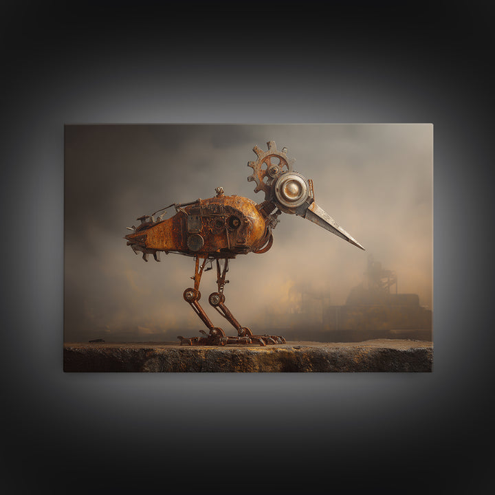 Mechanical Bird Made from Gears Framed Canvas Print, Industrial Art, Metal Art, Living Room Decor, Oil Painting, Foundry, IND-3x2-47
