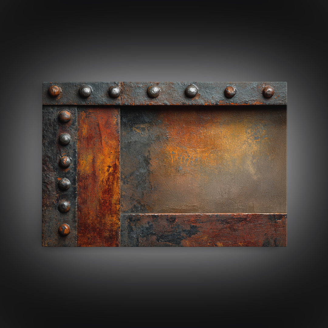 Riveted Metal Panel Texture Study Framed Canvas Print, Industrial Art, Living Room Decor, Oil Painting, Foundry, IND-3x2-50