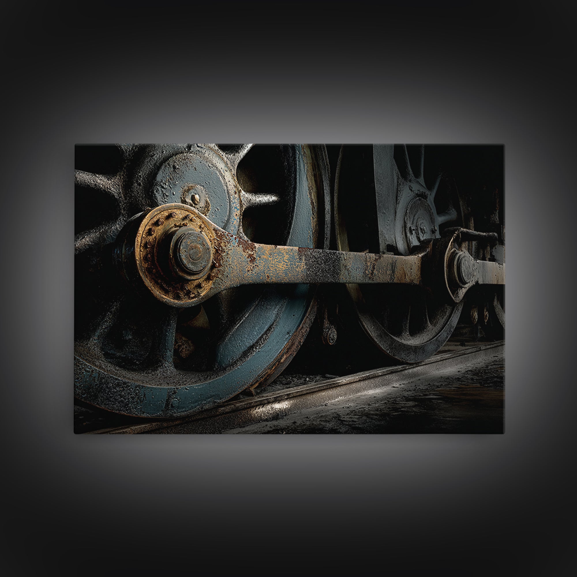Steam Locomotive Wheel Closeup Canvas Print, Industrial Art, Black and White Art, Living Room Decor, Watercolor Art, Foundry, IND-3x2-58