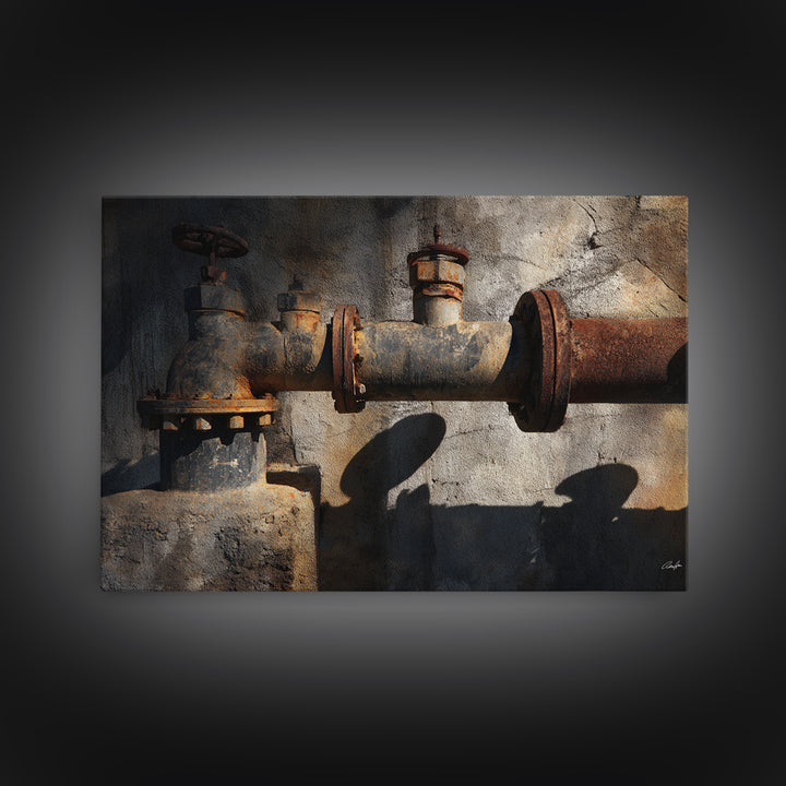 Metal Pipes and Valves as Graphic Composition Framed Canvas Print, Industrial Art, Art Prints, Living Room Decor, Foundry, IND-3x2-60