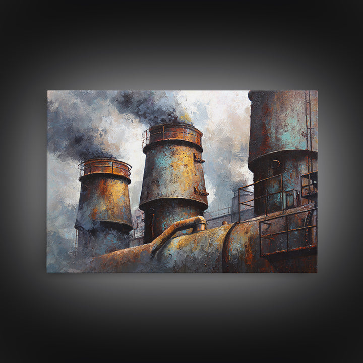 Factory Smokestacks with Moody Sky Framed Canvas Print, Industrial Art, Fine Art Print, Living Room Decor, Fine Art, Foundry, IND-3x2-63
