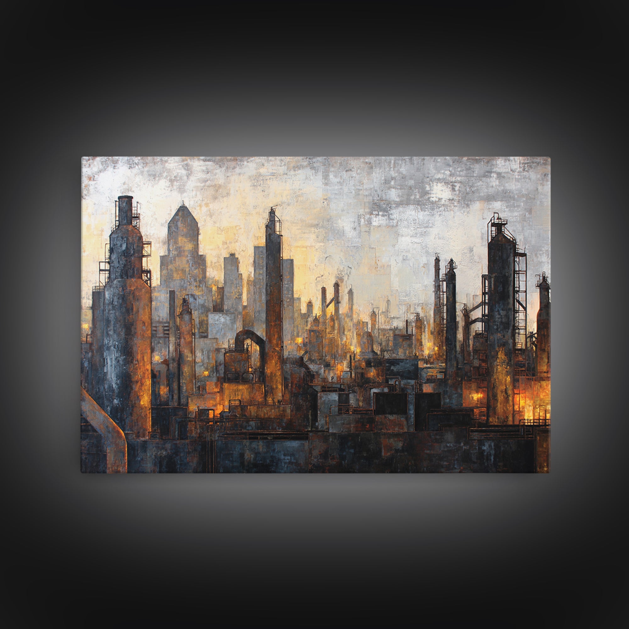 Industrial City Skyline Framed Canvas Print, Industrial Art, Art Print, Living Room Decor, Fine Art, Foundry, Modern Art, IND-3x2-64