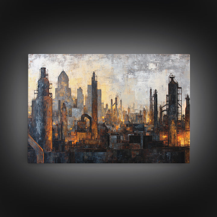 Industrial City Skyline Framed Canvas Print, Industrial Art, Art Print, Living Room Decor, Fine Art, Foundry, Modern Art, IND-3x2-64