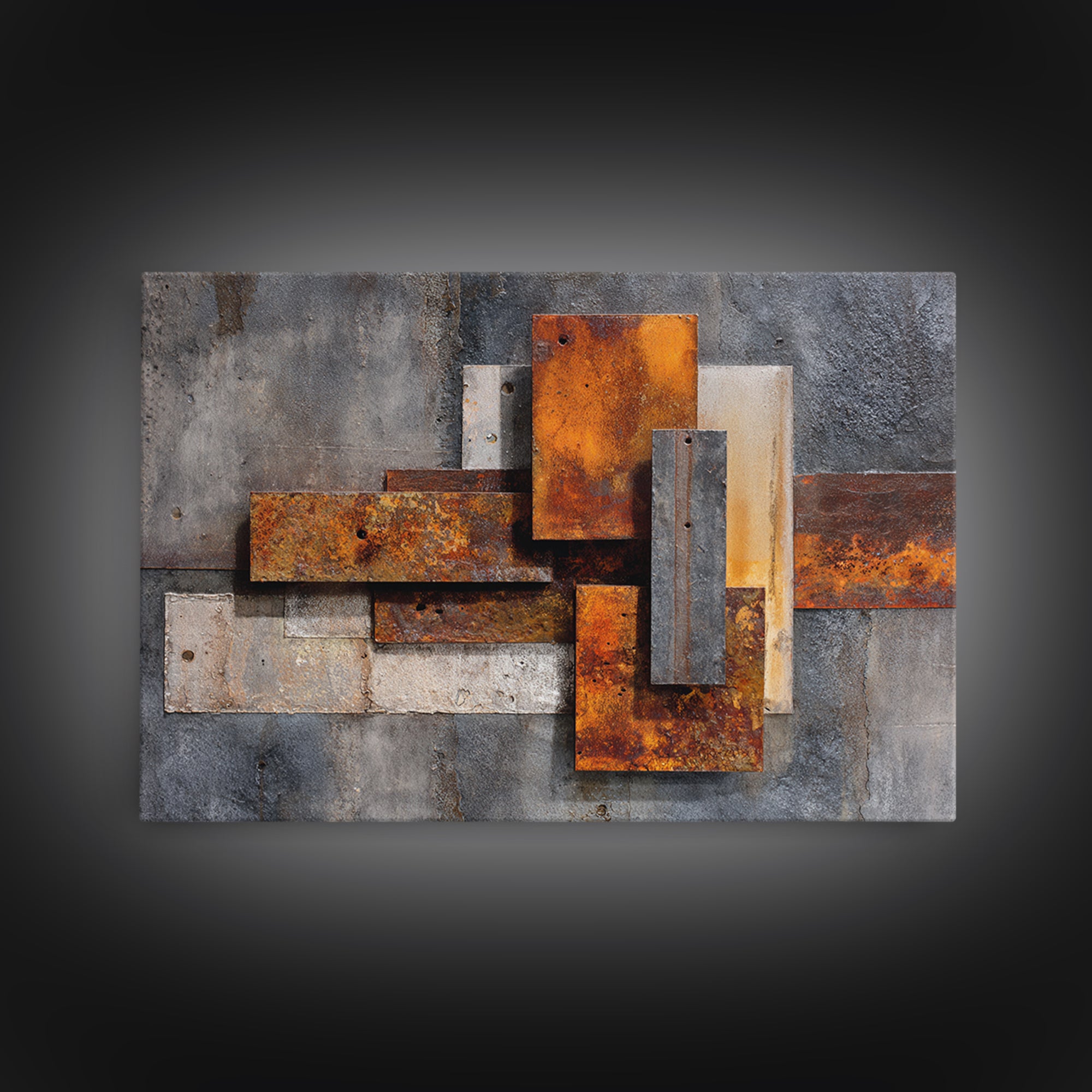Rust Orange and Charcoal Geometric Abstraction Canvas Print, Industrial Art, Steampunk Decor, Living Room Decor, Abstract Art, IND-3x2-66