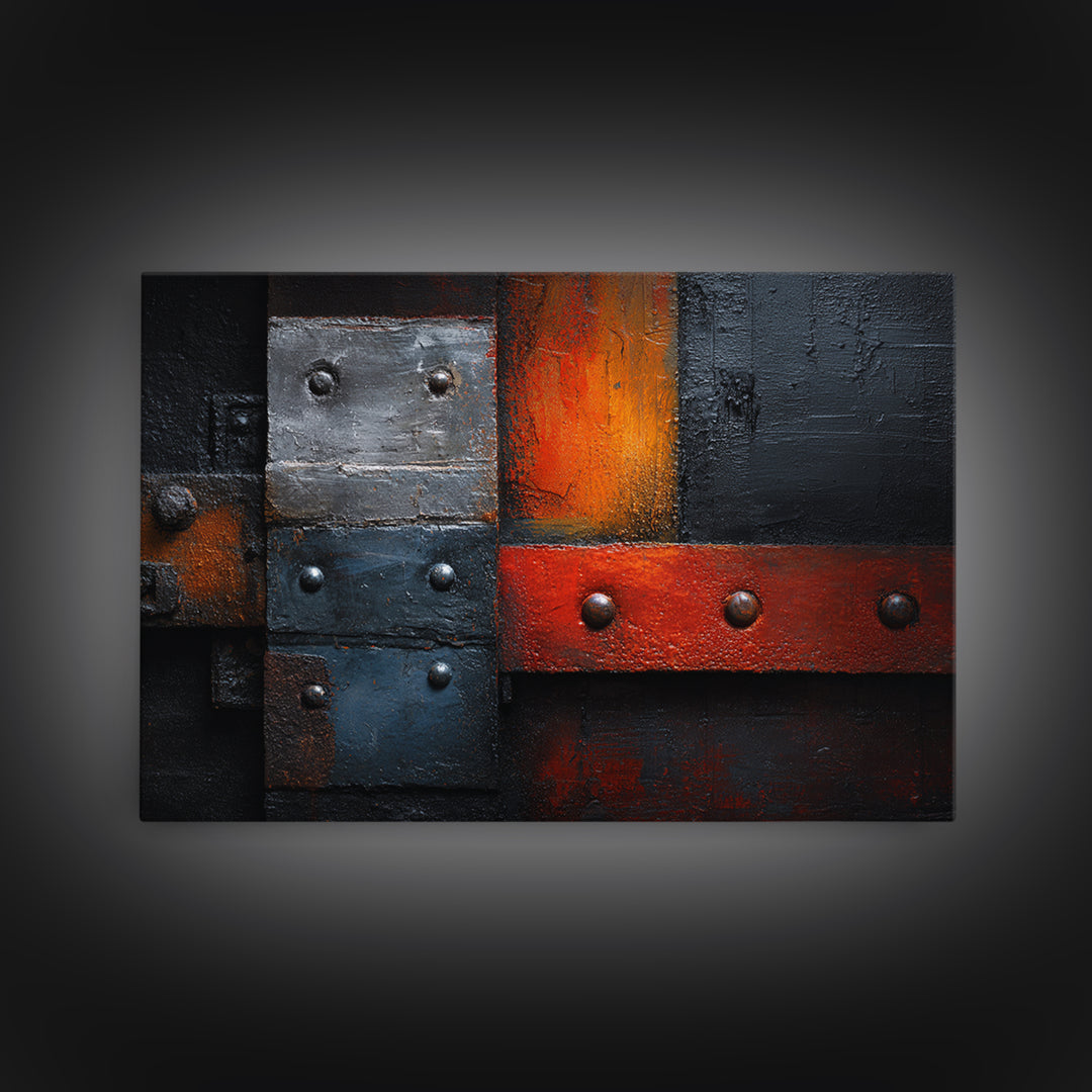 Riveted Metal Panel Texture Study Framed Canvas Print, Industrial Art, Living Room Decor, Oil Painting, Foundry, IND-3x2-74