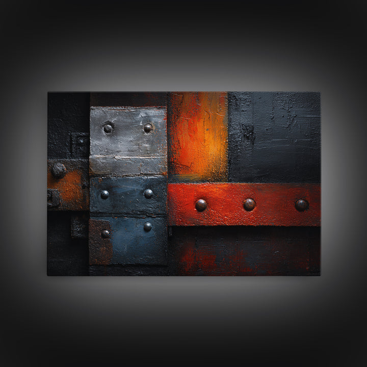 Riveted Metal Panel Texture Study Framed Canvas Print, Industrial Art, Living Room Decor, Oil Painting, Foundry, IND-3x2-74