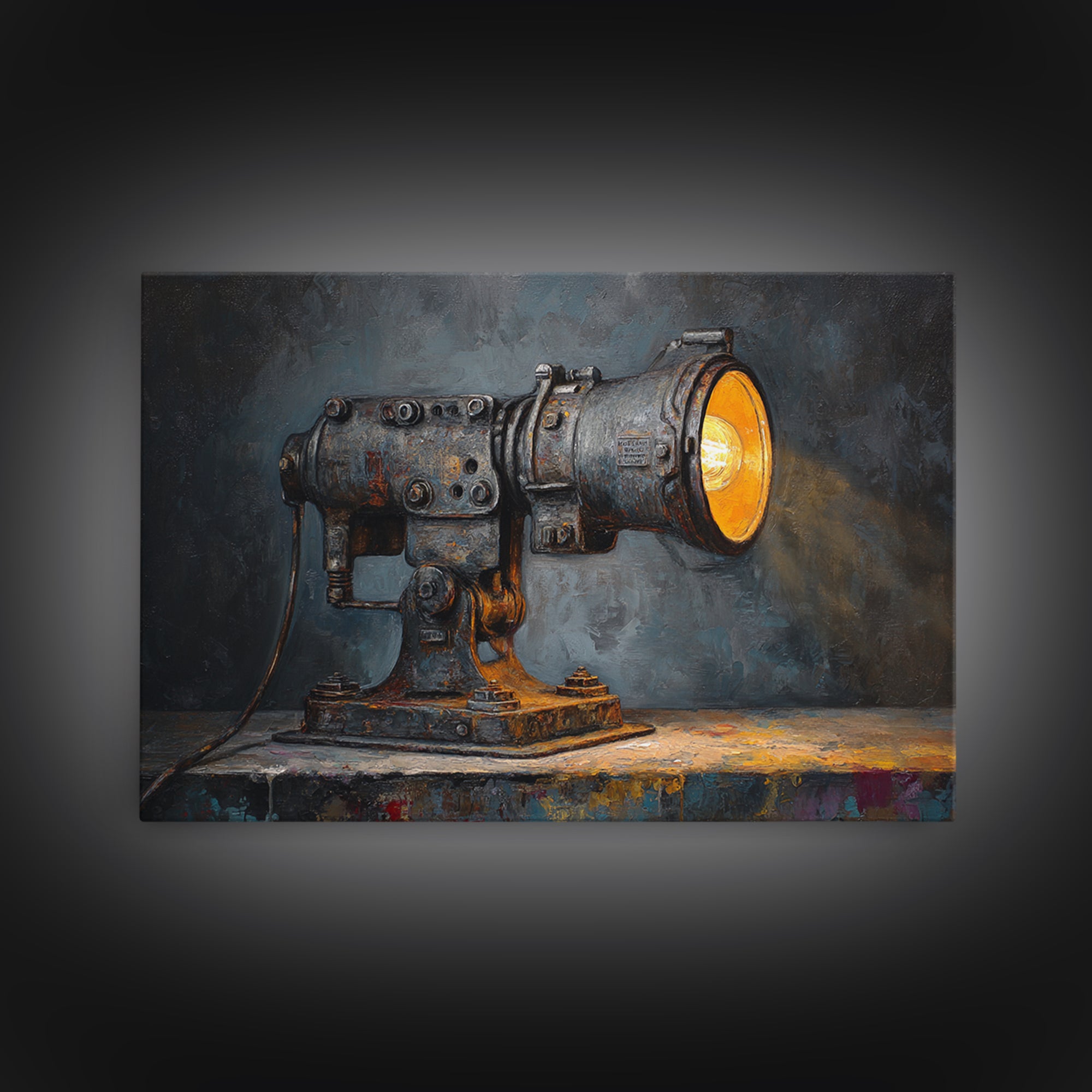 Industrial Lamp with Warm Glow Canvas Print, Industrial Art, Black and White Wall Art, Living Room Decor, Fine Art, Foundry, IND-3x2-75