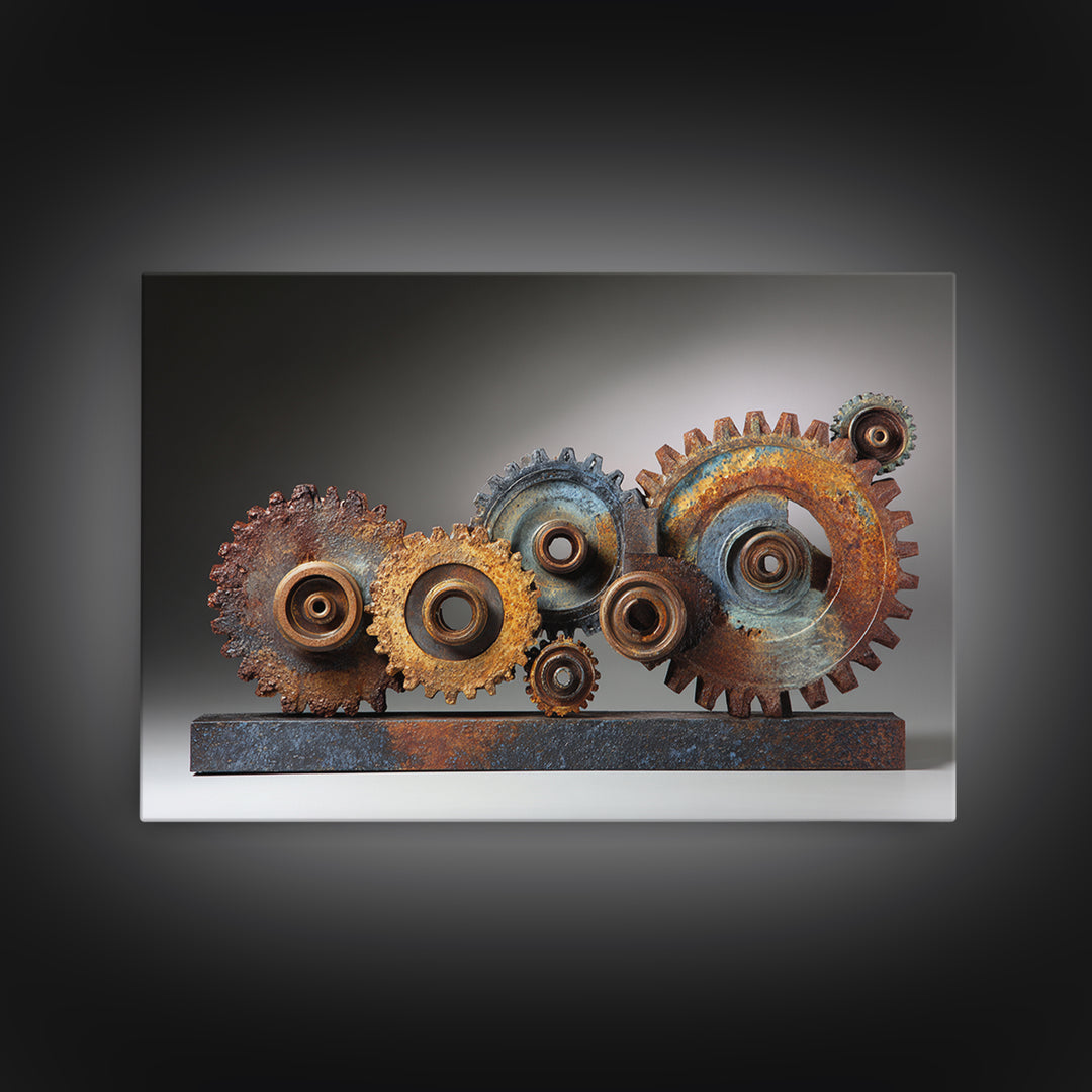 Rusted Gears Arranged as Sculptural Still Life Framed Canvas Print, Industrial Art, Wall Decor, Living Room Decor, Foundry, IND-3x2-77