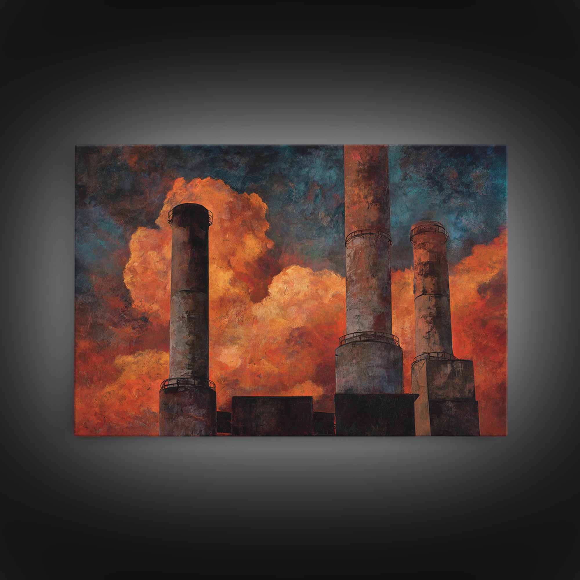 Factory Smokestacks with Moody Sky Framed Canvas Print, Industrial Art, Textured Wall Art, Living Room Decor, Fine Art, Foundry, IND-3x2-87