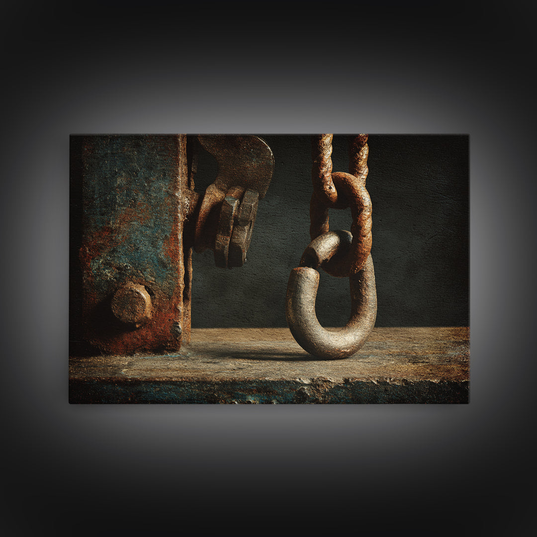 Chain and Hook Still Life Framed Canvas Print, Industrial Art, Textured Wall Art, Living Room Decor, Fine Art, Foundry, IND-3x2-92